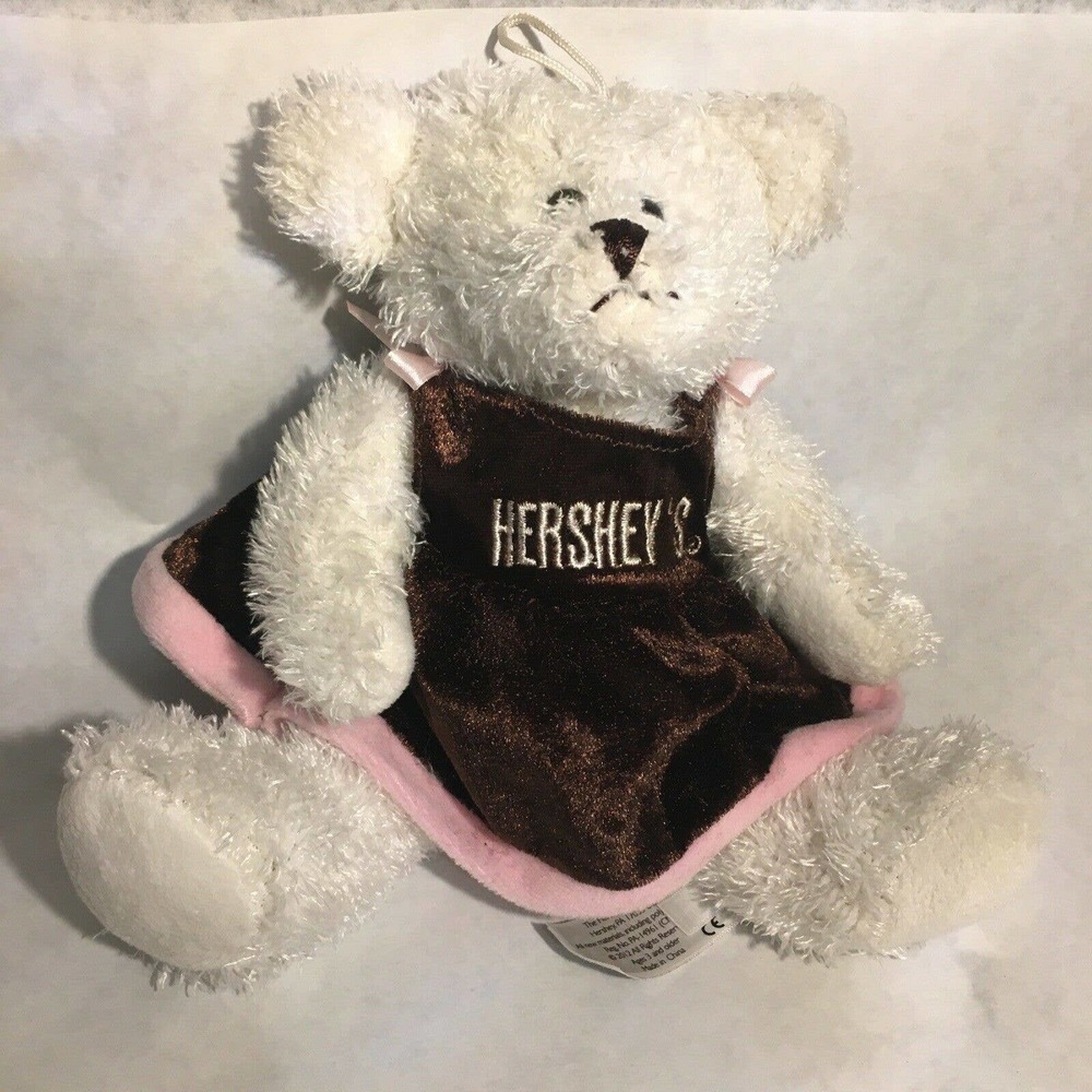 Hershey’s Chocolate White Stuffed Bear Plush With Brown And Pink Velvet Dress